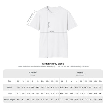 Gildan 64000 size chart for Farm Life T-Shirt, showing dimensions and sizes in inches and centimeters.