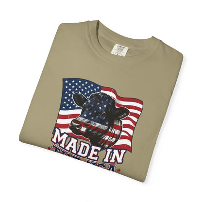 Rancher T-Shirt featuring cow graphic with American flag, made in the USA design, perfect for patriotic apparel.