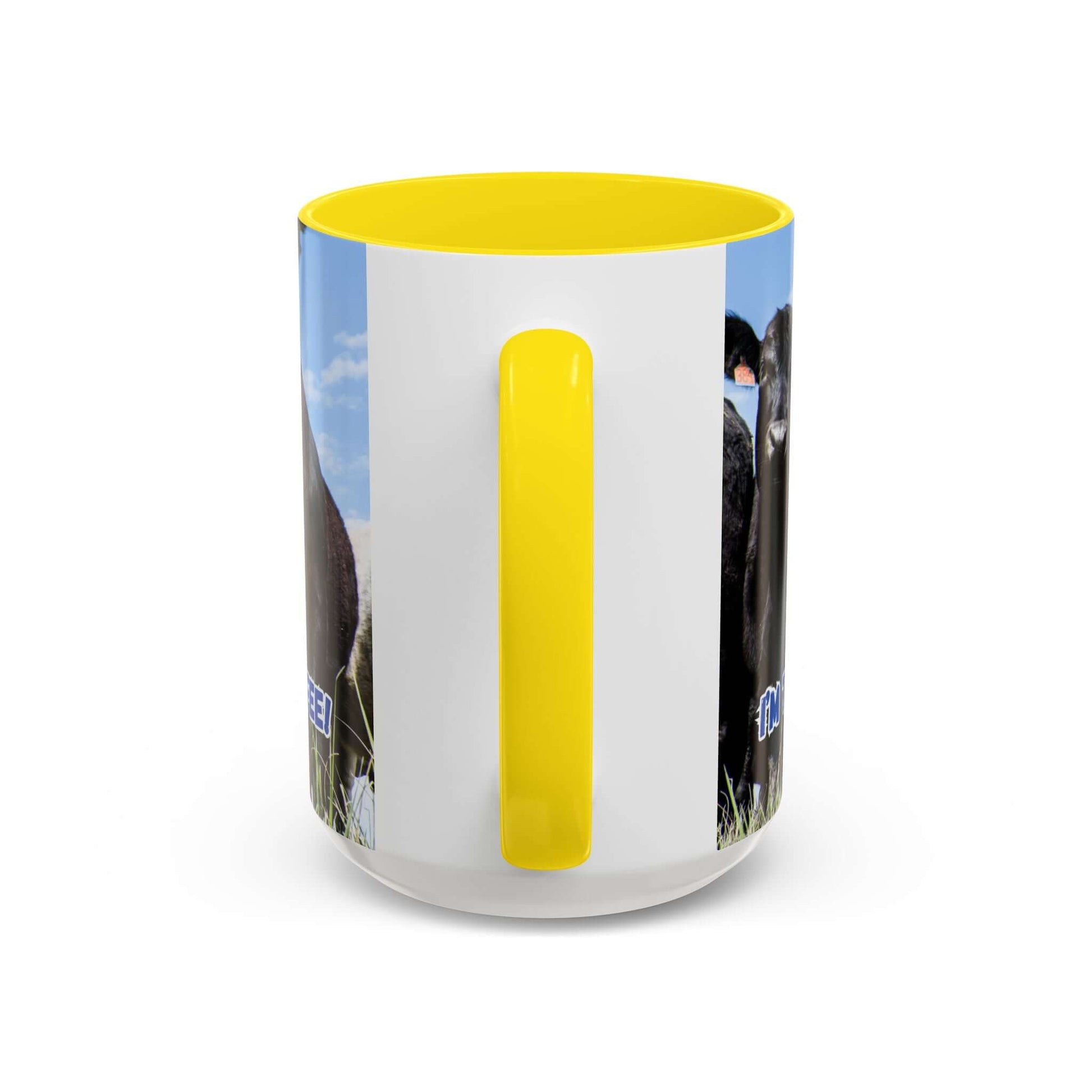 Black Angus Coffee Mug showcasing bold artwork and a yellow handle, perfect rancher gift for coffee lovers.