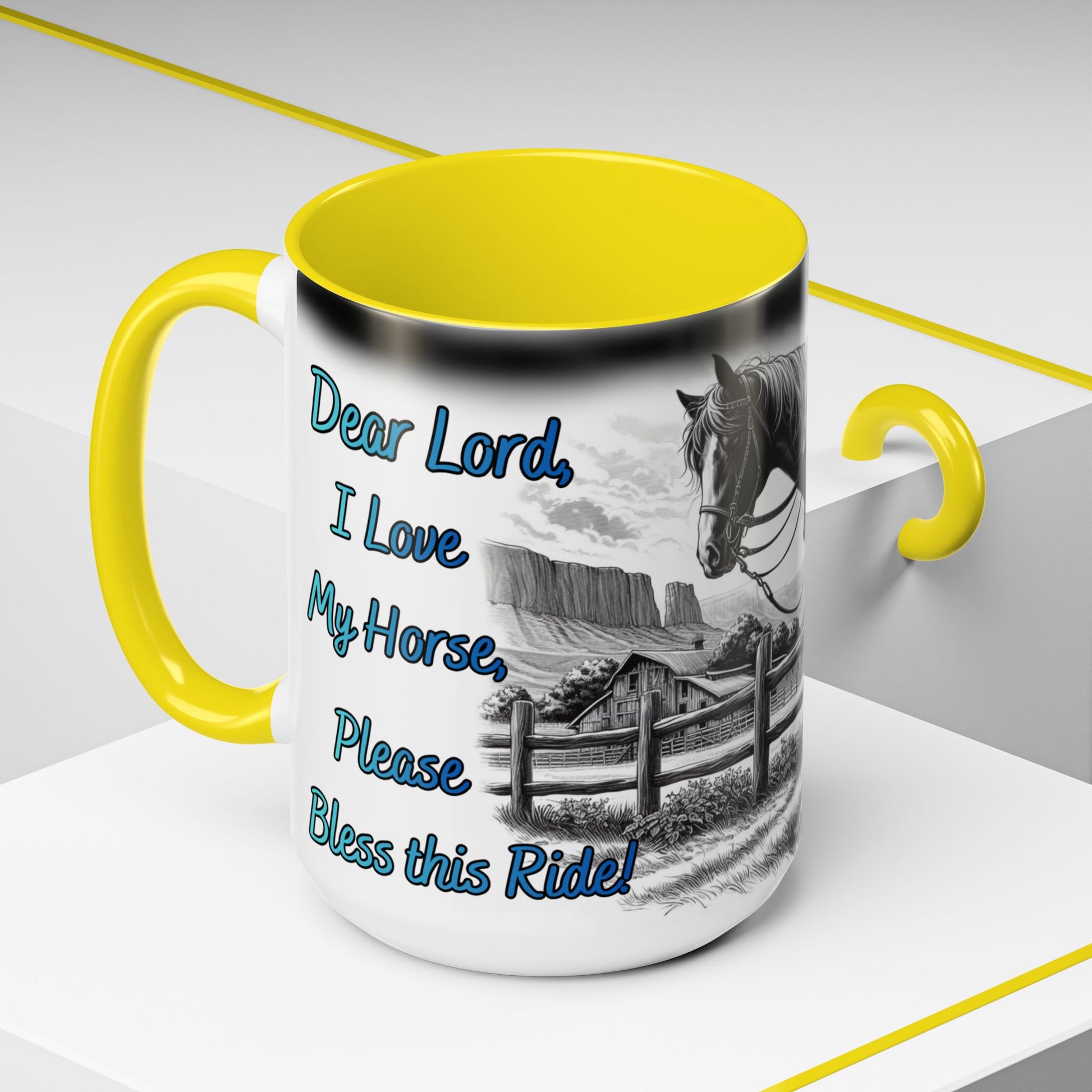 Praying Cowgirl Coffee Mug - Dear Lord, I Love My Horse, Please Bless this Ride with yellow interior.