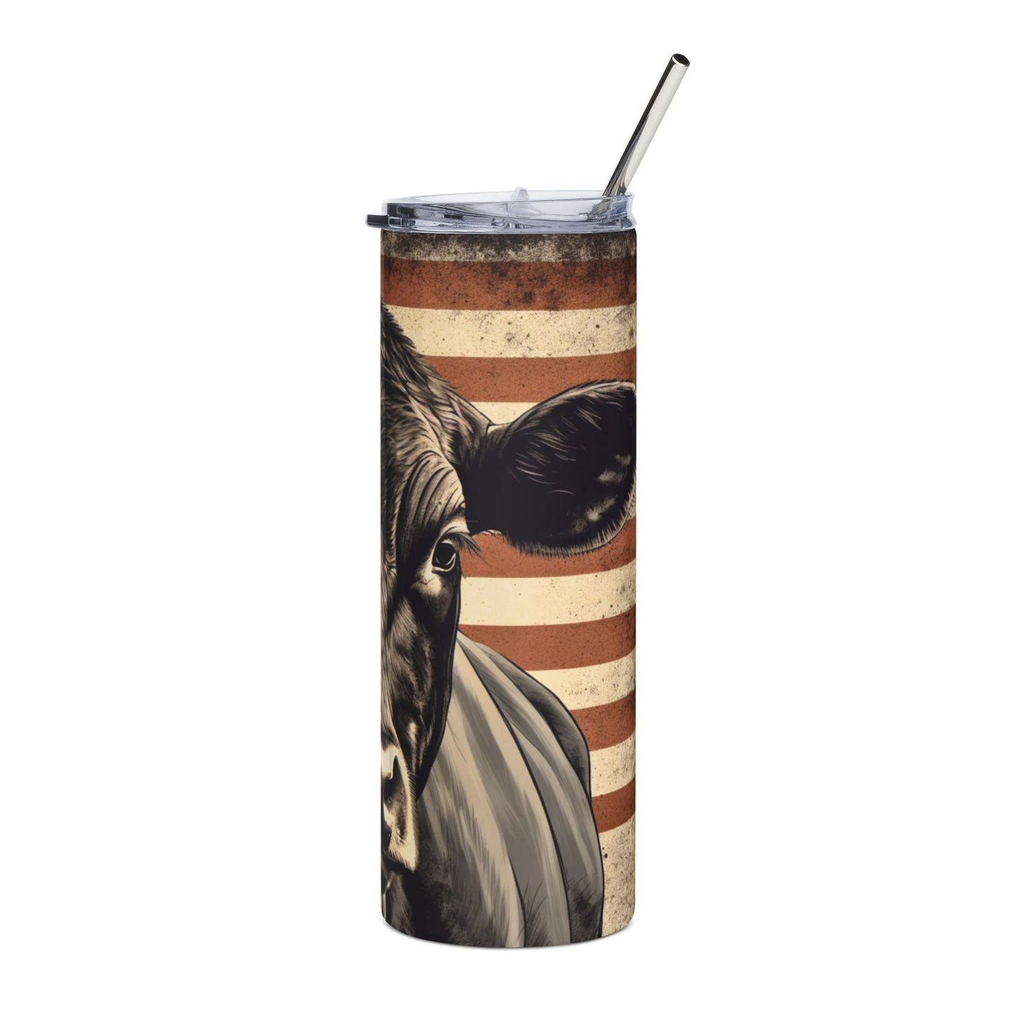 Patriotic Angus Cow American Flag Skinny Tumbler, 20oz with straw, perfect for ranchers and farmers.