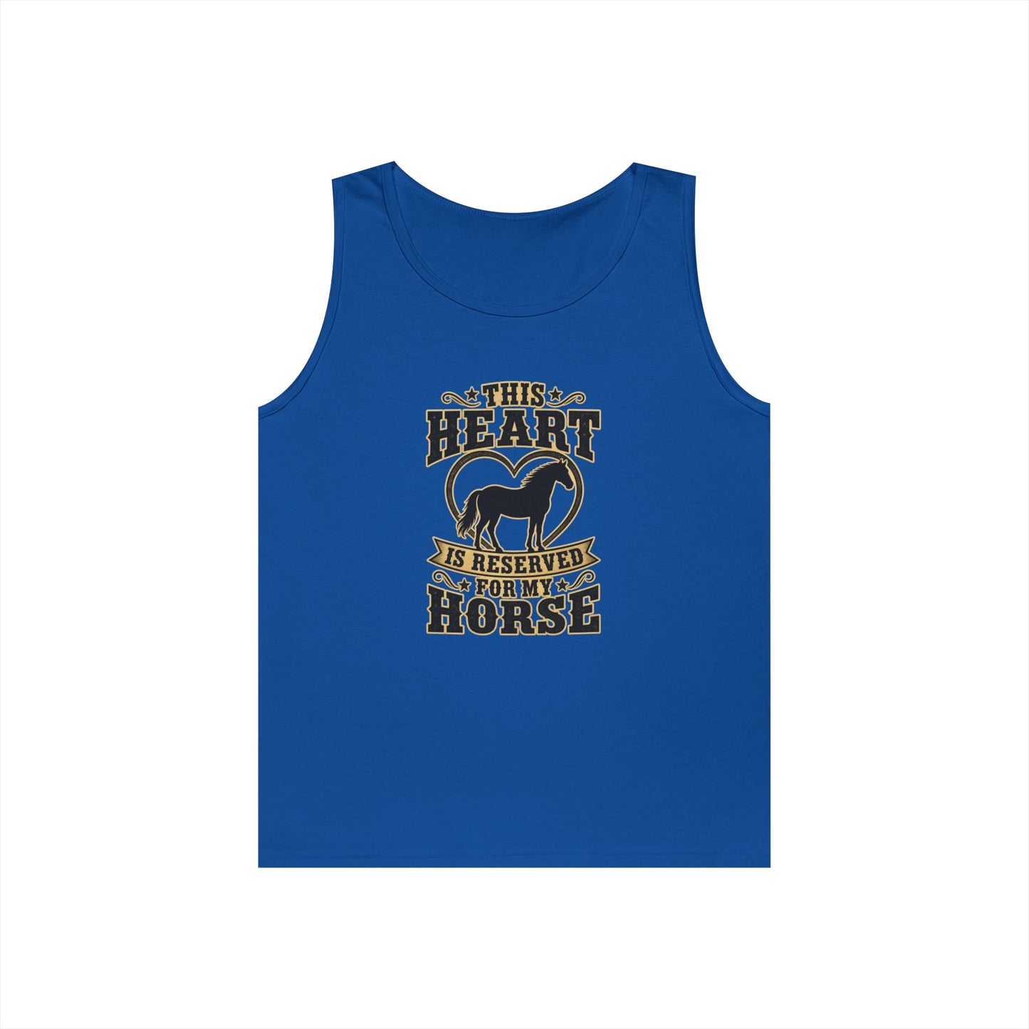 Horse Lover Tank Top featuring a graphic that reads 'This Heart is Reserved for My Horse' on a blue tank.