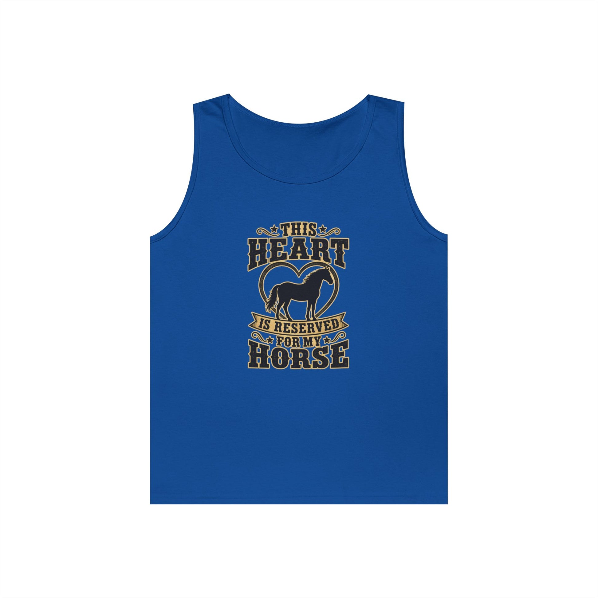 Horse Lover Tank Top featuring a graphic that reads 'This Heart is Reserved for My Horse' on a blue tank.