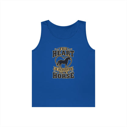 Horse Lover Tank Top featuring a graphic that reads 'This Heart is Reserved for My Horse' on a blue tank.