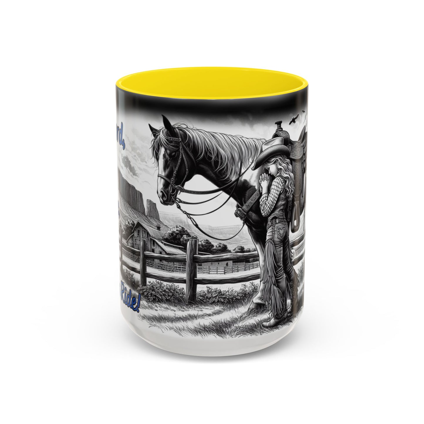 Praying Cowgirl Coffee Mug featuring a young cowgirl with her horse in a rustic design, perfect gift for equestrian enthusiasts.