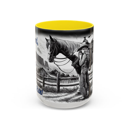 Praying Cowgirl Coffee Mug featuring a young cowgirl with her horse in a rustic design, perfect gift for equestrian enthusiasts.