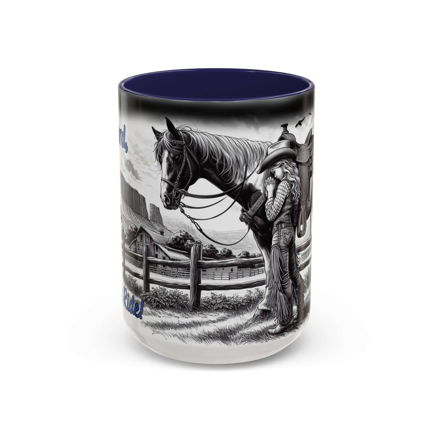 Praying Cowgirl Coffee Mug featuring a young cowgirl with her horse, perfect for equestrian enthusiasts, rustic design.