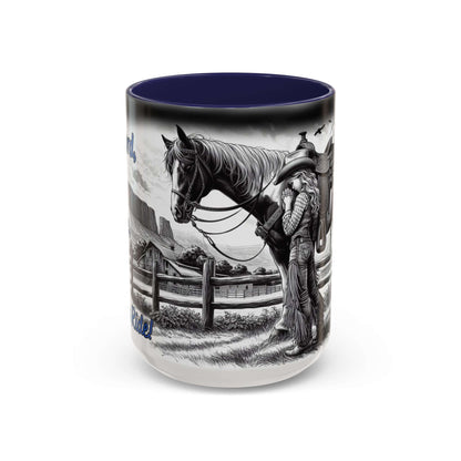 Praying Cowgirl Coffee Mug featuring a young cowgirl with her horse, perfect for equestrian enthusiasts, rustic design.