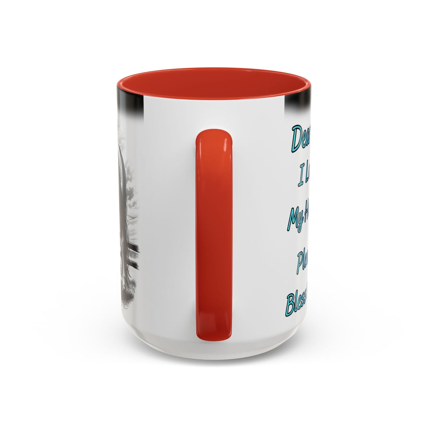 Praying Cowgirl Coffee Mug with red handle and inner, featuring heartwarming design, perfect gift for equestrian enthusiasts.