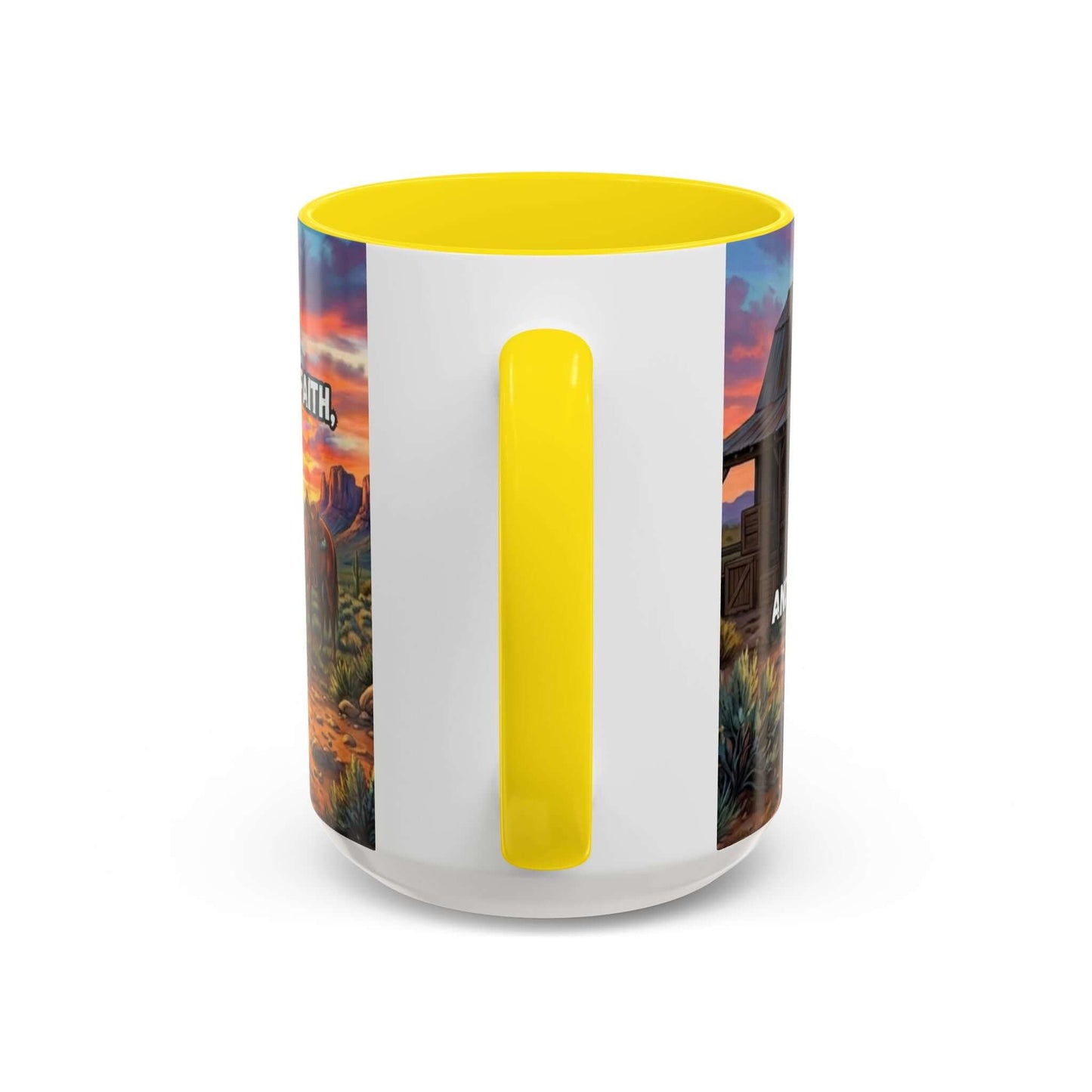 Cowboy Prayer Coffee Mug with a yellow interior and handle, featuring western sunset designs.