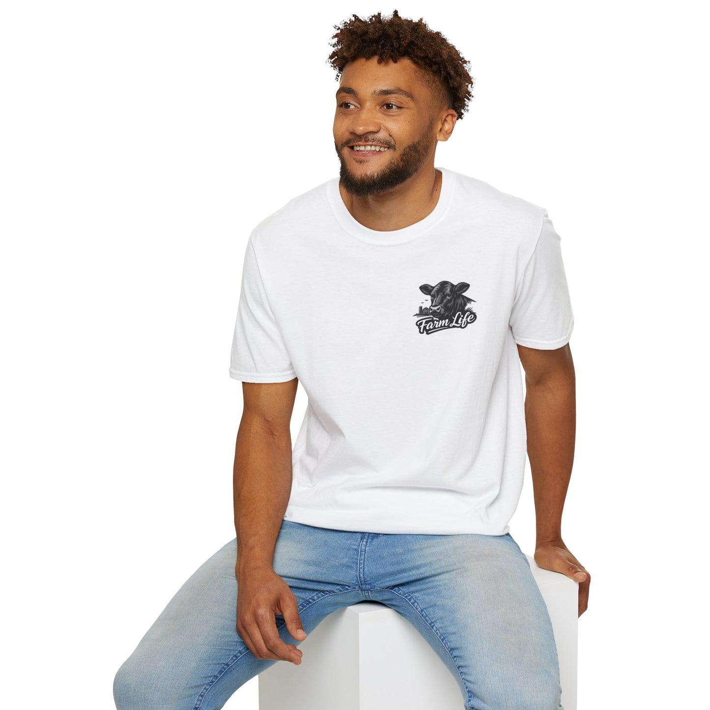 Man wearing a white Farm Life T-Shirt, showcasing a relaxed style perfect for ranchers and cowboys.