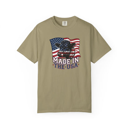 Rancher T-Shirt with a cow graphic and American flag design, featuring the text 'Made in the USA'.