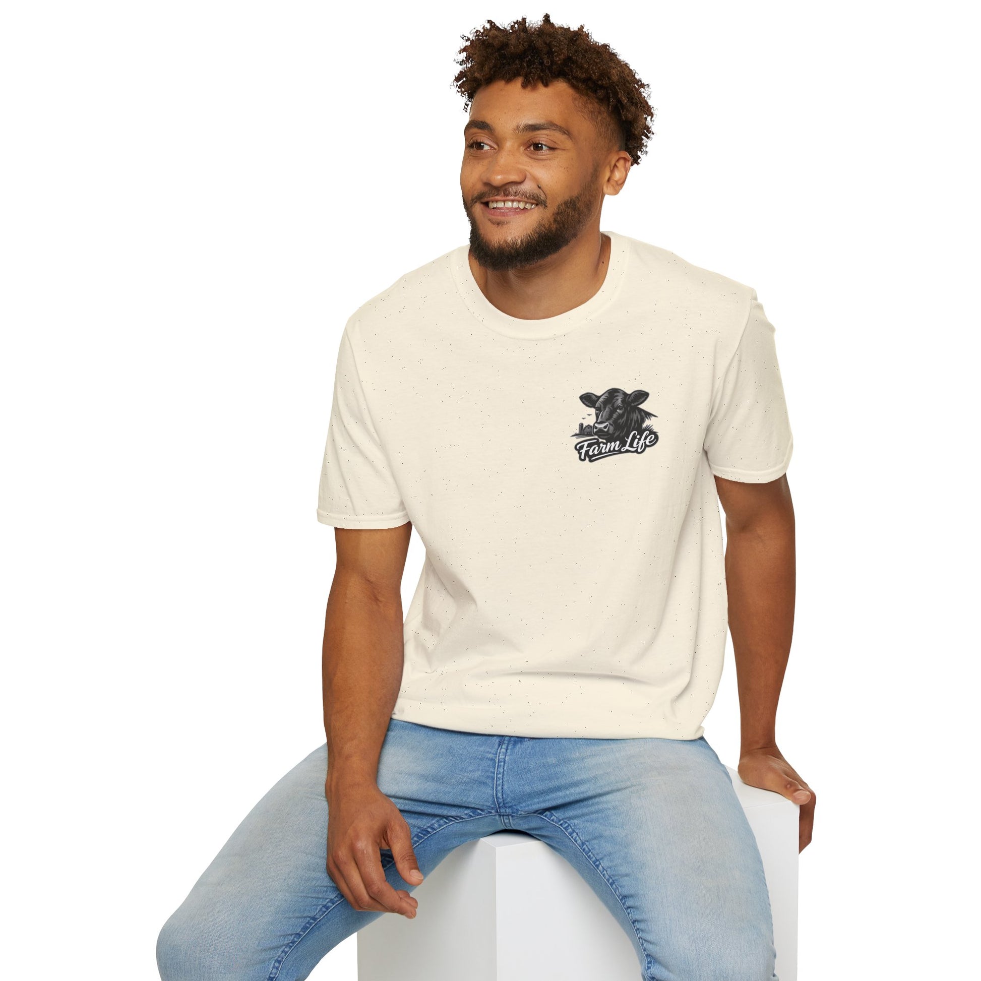 Man wearing Farm Life T-Shirt, showcasing rancher style and comfort in soft, lightweight cotton.