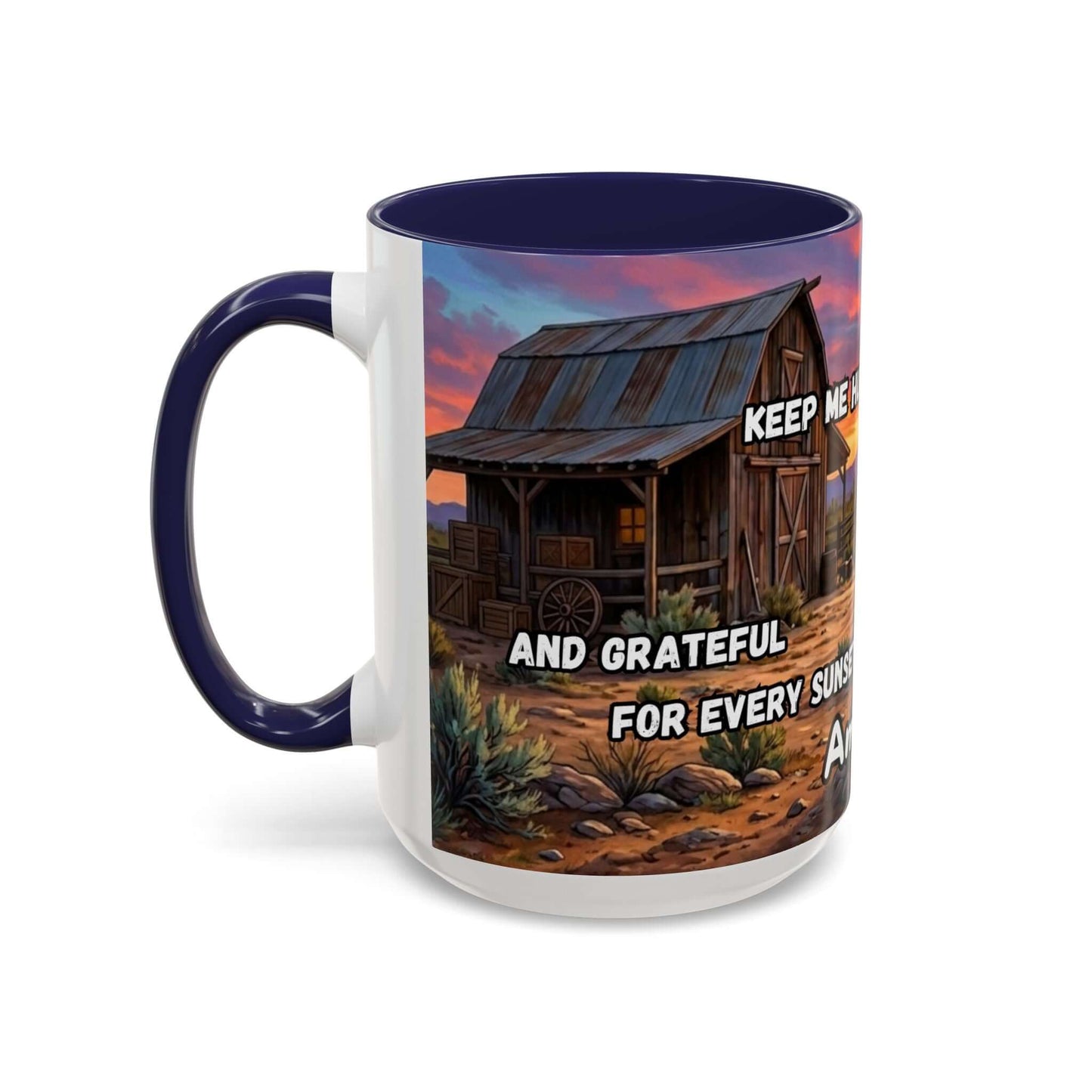 Cowboy Prayer Coffee Mug featuring a beautiful Western design and a prayer that inspires gratitude for every sunrise.