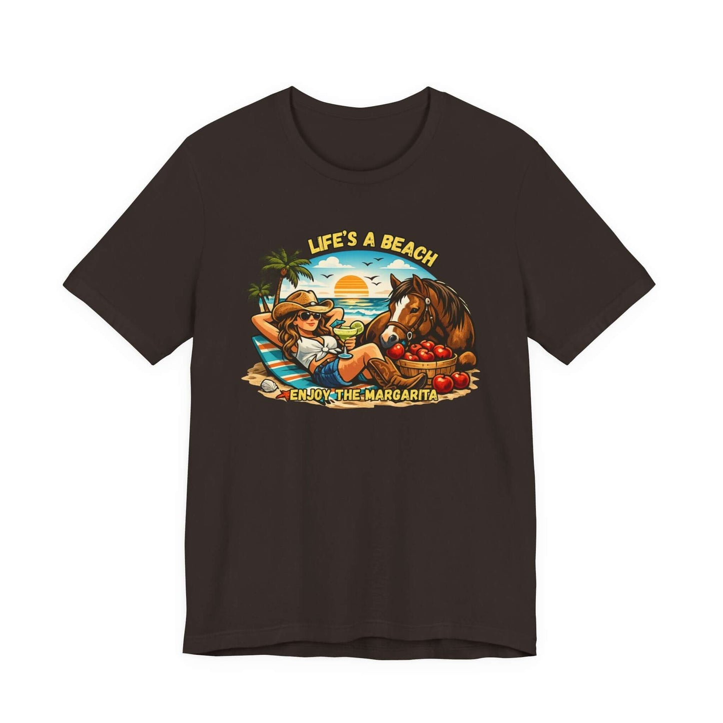 Life's A Beach Western Tee featuring a cowgirl, horse, and sunset design, perfect for casual beach wear.