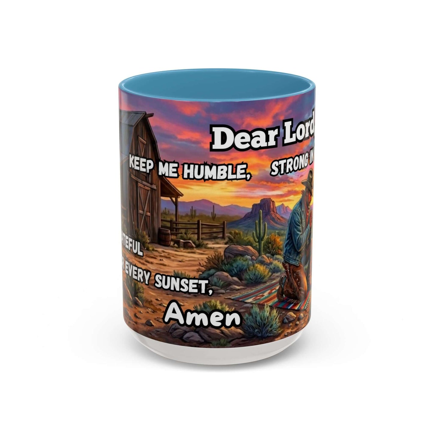Cowboy Prayer Coffee Mug featuring a prayer design with a picturesque sunset and rustic scene.