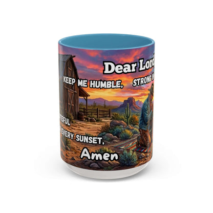 Cowboy Prayer Coffee Mug featuring a prayer design with a picturesque sunset and rustic scene.