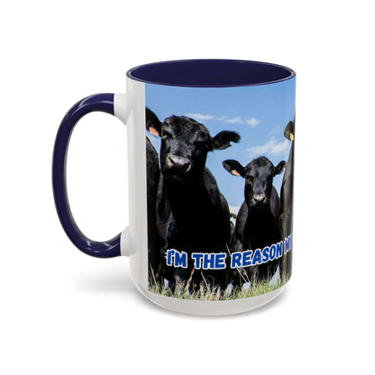 Black Angus Coffee Mug with humorous quote and black Angus cows on a blue sky background.
