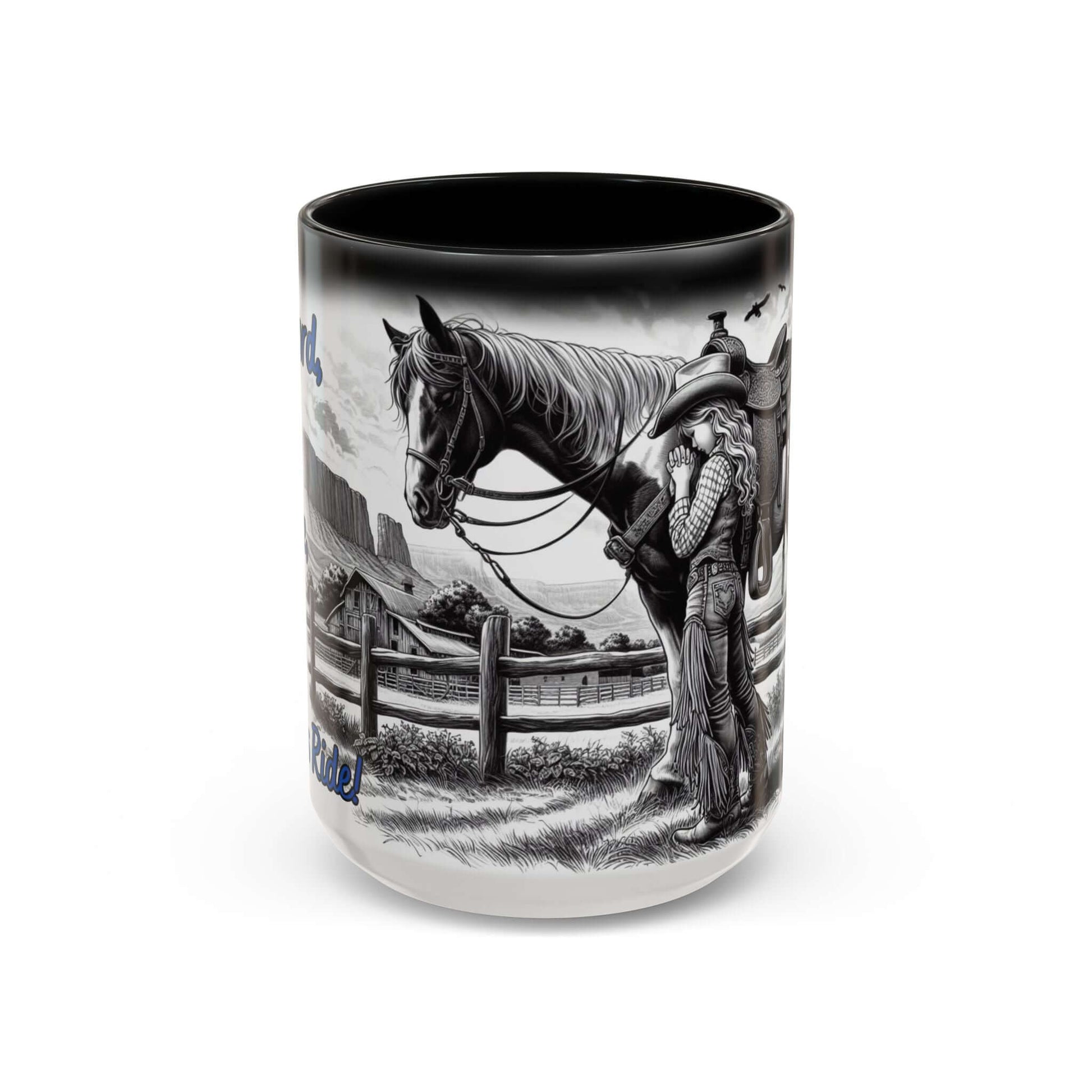 Praying Cowgirl Coffee Mug featuring a young cowgirl with her horse in a beautiful full wrap around design.