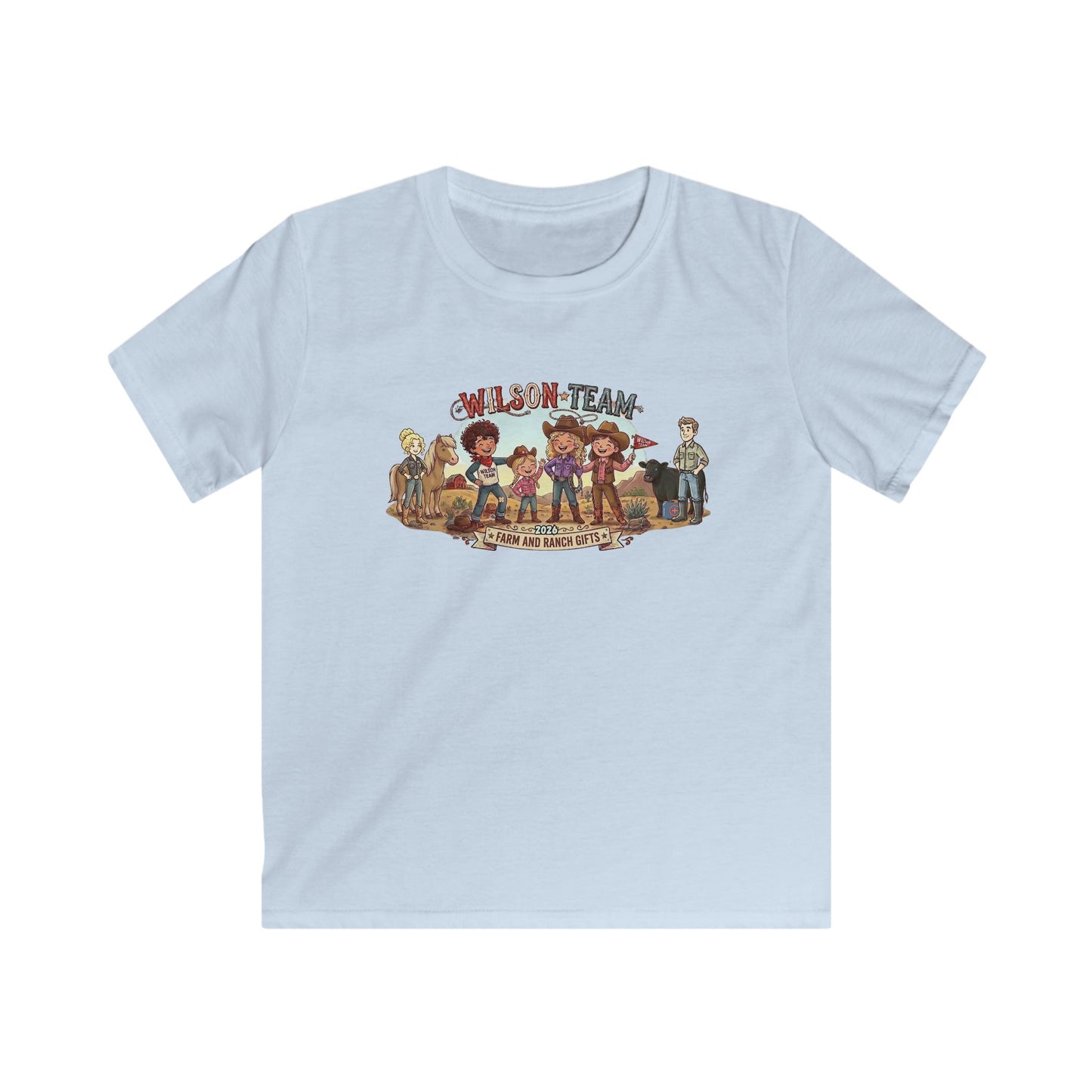 Kids Custom Tee featuring a colorful cartoon adventure graphic on a light blue shirt.