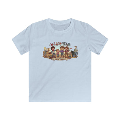 Kids Custom Tee featuring a colorful cartoon adventure graphic on a light blue shirt.