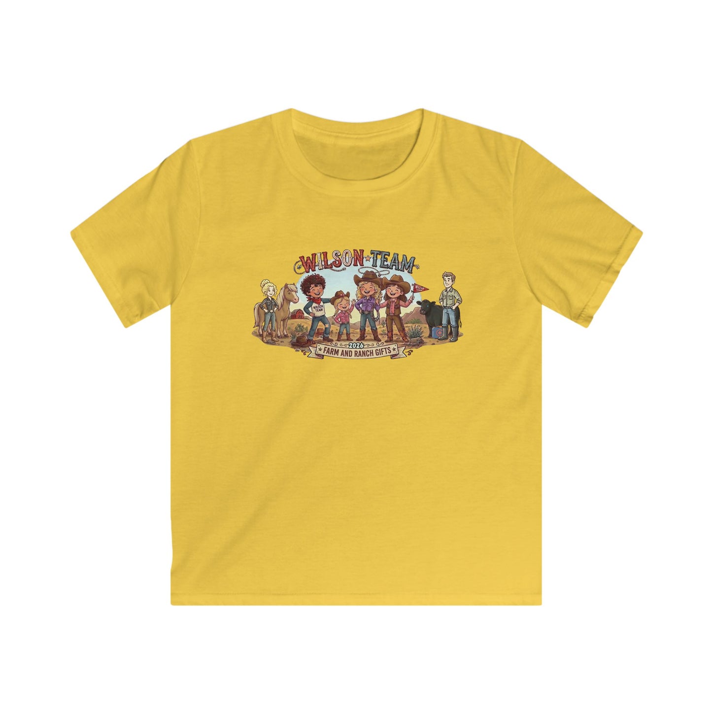 Kids Custom Tee featuring a colorful cartoon adventure graphic on a bright yellow shirt.