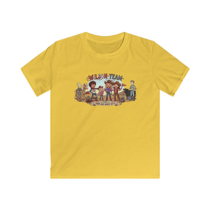 Kids Custom Tee featuring a colorful cartoon adventure graphic on a bright yellow shirt.