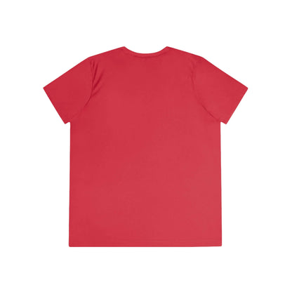 Back view of Cowgirl Ride Giddy Up Ladies Tee in vibrant red, showcasing its simple and stylish design.