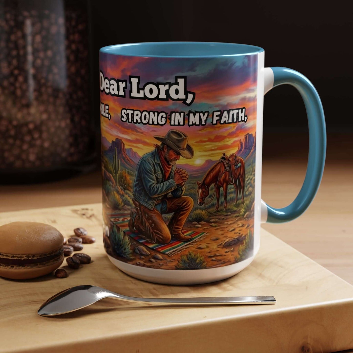 Cowboy Prayer Coffee Mug featuring a cowboy praying with a scenic sunset background, perfect as a religious gift.
