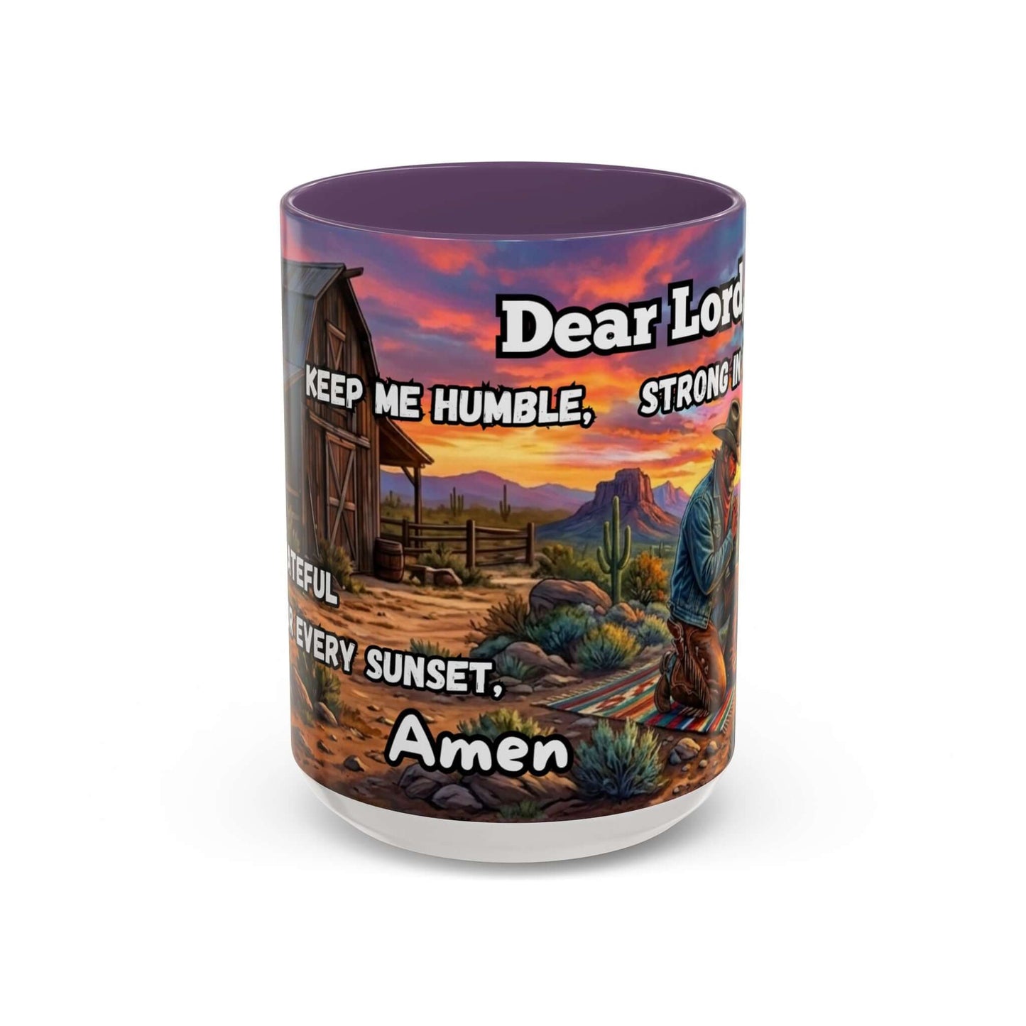 Cowboy Prayer Coffee Mug featuring a prayer, rustic design, warm sunset colors, and a cowboy beside a barn.
