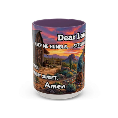 Cowboy Prayer Coffee Mug featuring a prayer, rustic design, warm sunset colors, and a cowboy beside a barn.