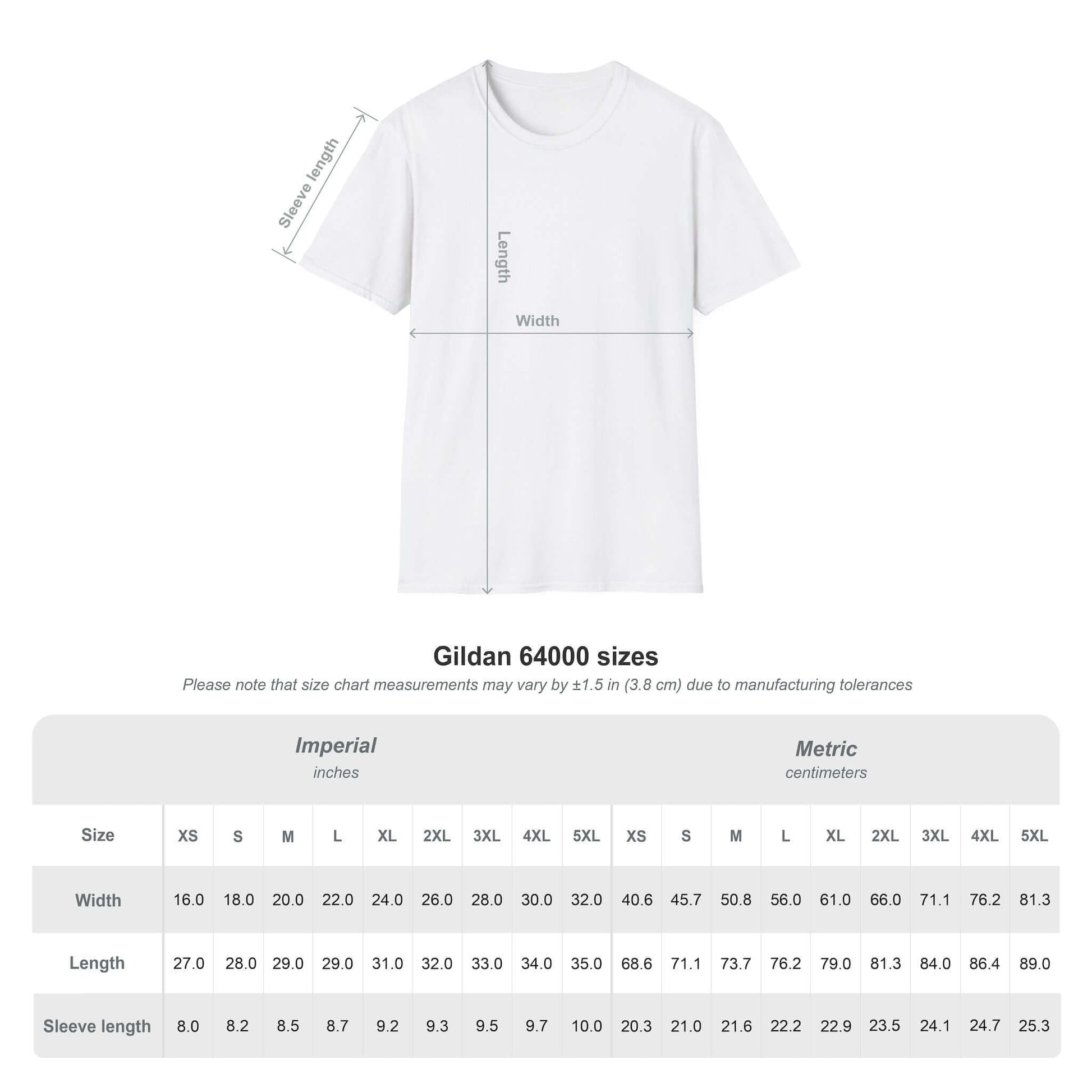 Gildan 64000 size chart for T-shirts with measurements in imperial and metric units.