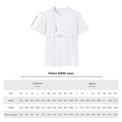 Gildan 64000 size chart for T-shirts with measurements in imperial and metric units.