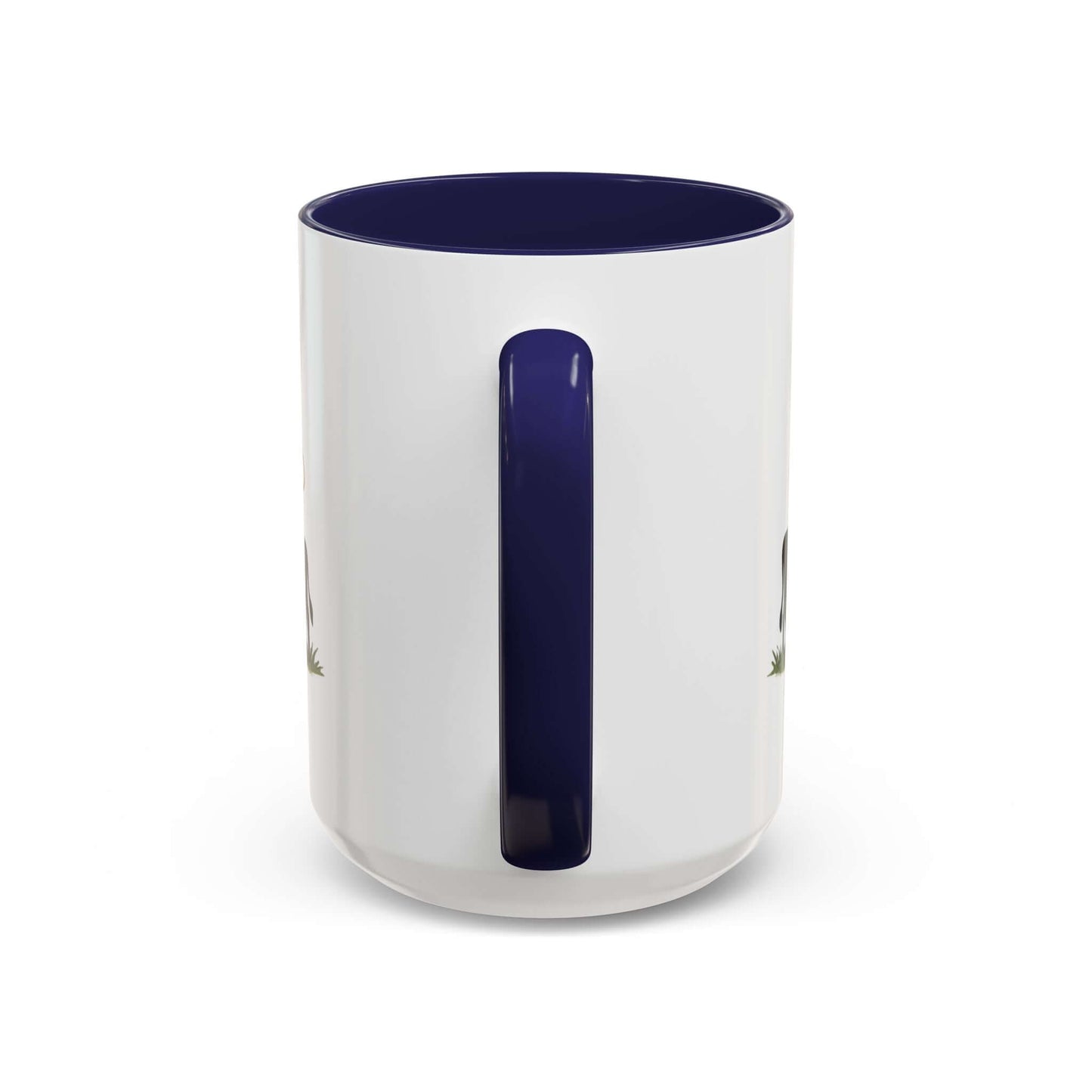 Cow Lovers Mug showing a ceramic coffee cup with a navy blue handle and cow design.