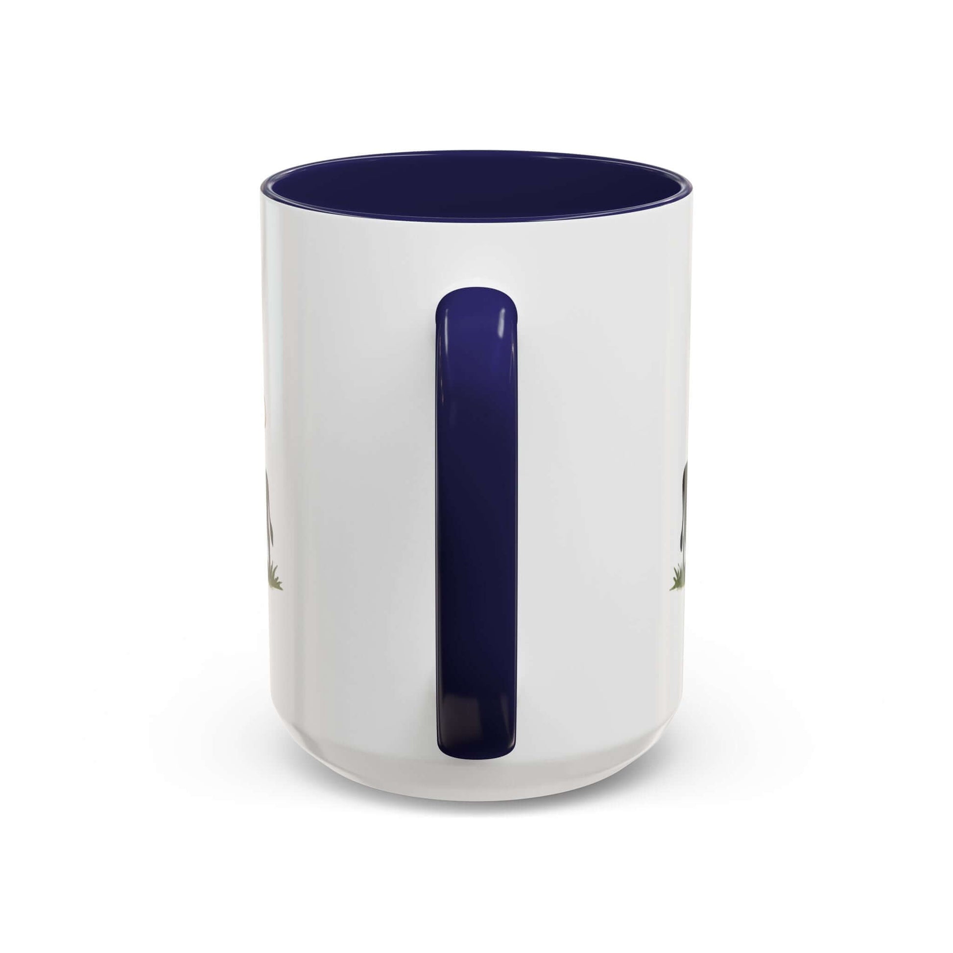 Cow Lovers Mug showing a ceramic coffee cup with a navy blue handle and cow design.