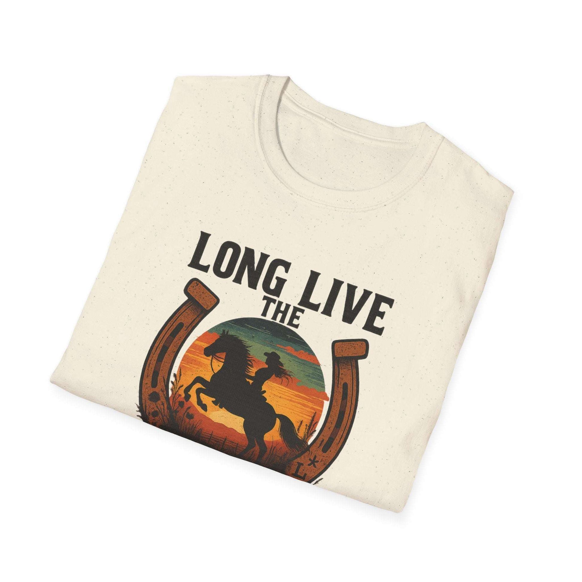  Woman wearing Long Live the Cowgirl horseshoe graphic t-shirt, showcasing cowgirl apparel with a relaxed smile.