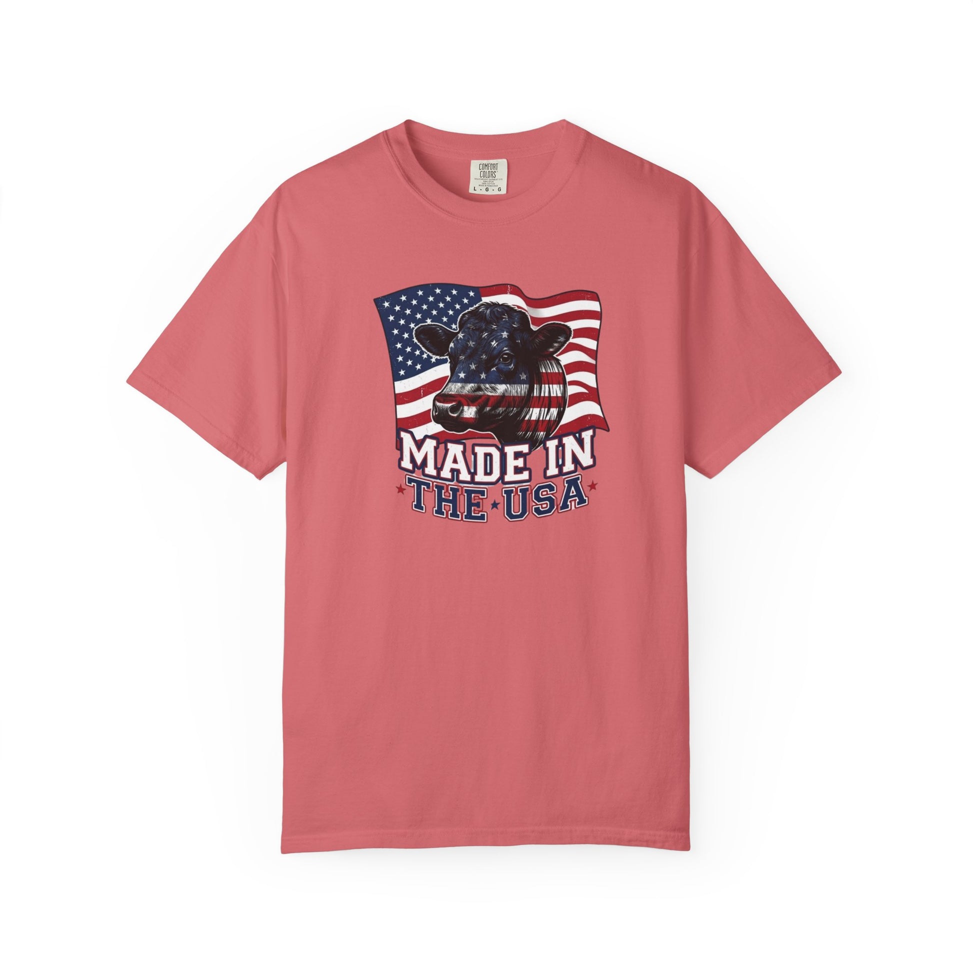 Rancher T-Shirt featuring a cow design and American flag, celebrating American pride with a comfortable fit.
