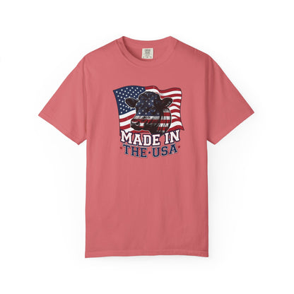 Rancher T-Shirt featuring a cow design and American flag, Made in the USA patriot apparel for casual wear.