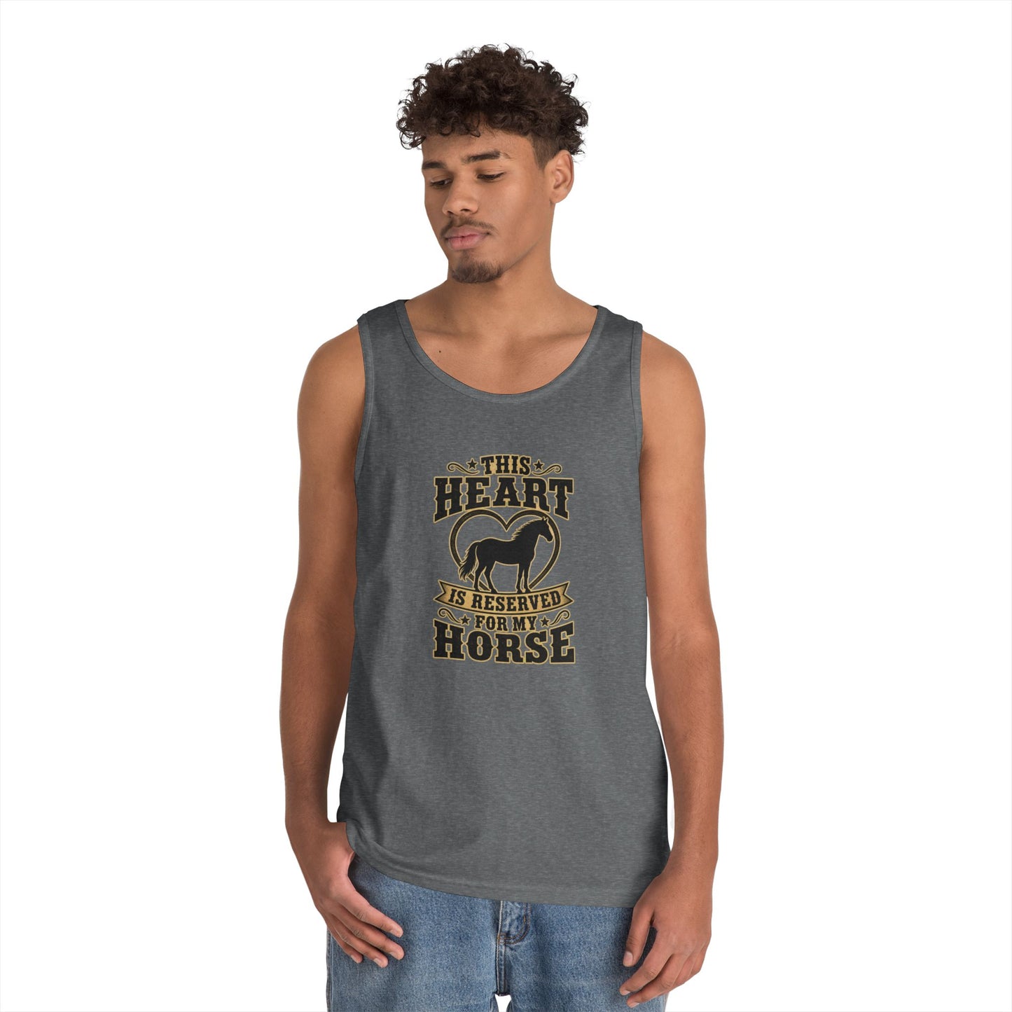 Horse Lover Tank Top with 'This Heart is Reserved for My Horse' graphic on a gray tank tee