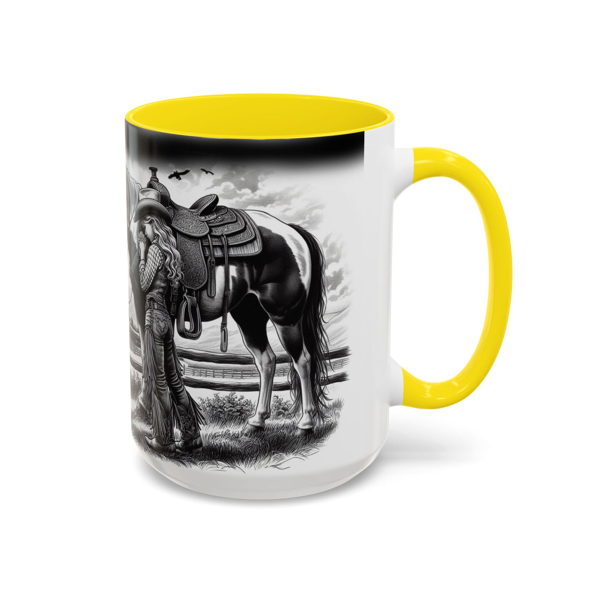 Praying Cowgirl coffee mug featuring a young girl with her horse, designed for equestrian enthusiasts, 15oz.