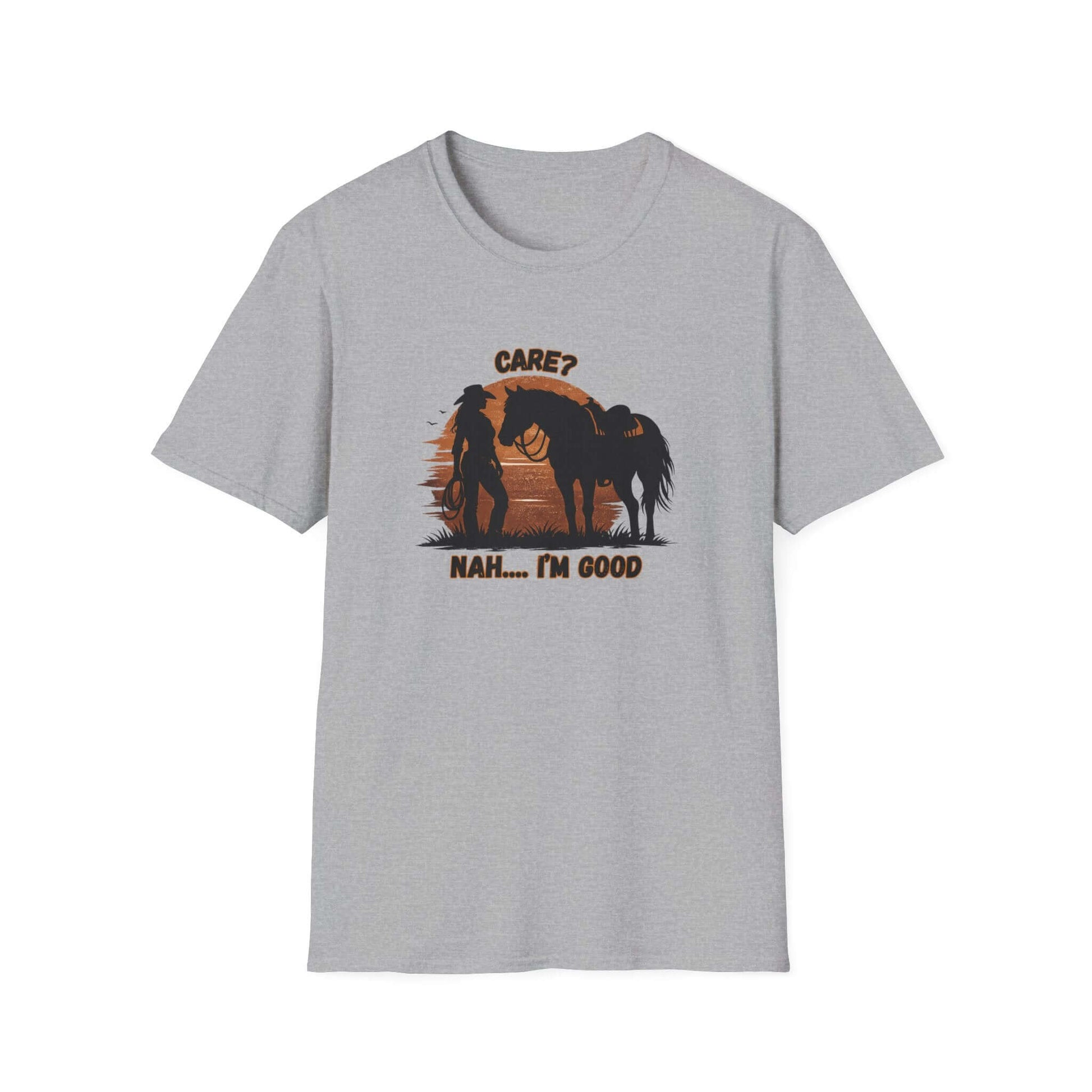 Horse Lover T-Shirt featuring a rider and horse with the text 'Care? Nah... I'm good' in sunset colors.
