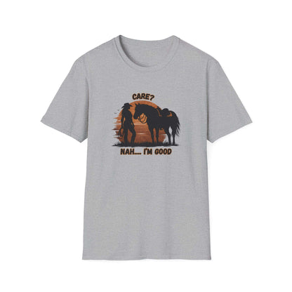 Horse Lover T-Shirt featuring a rider and horse with the text 'Care? Nah... I'm good' in sunset colors.