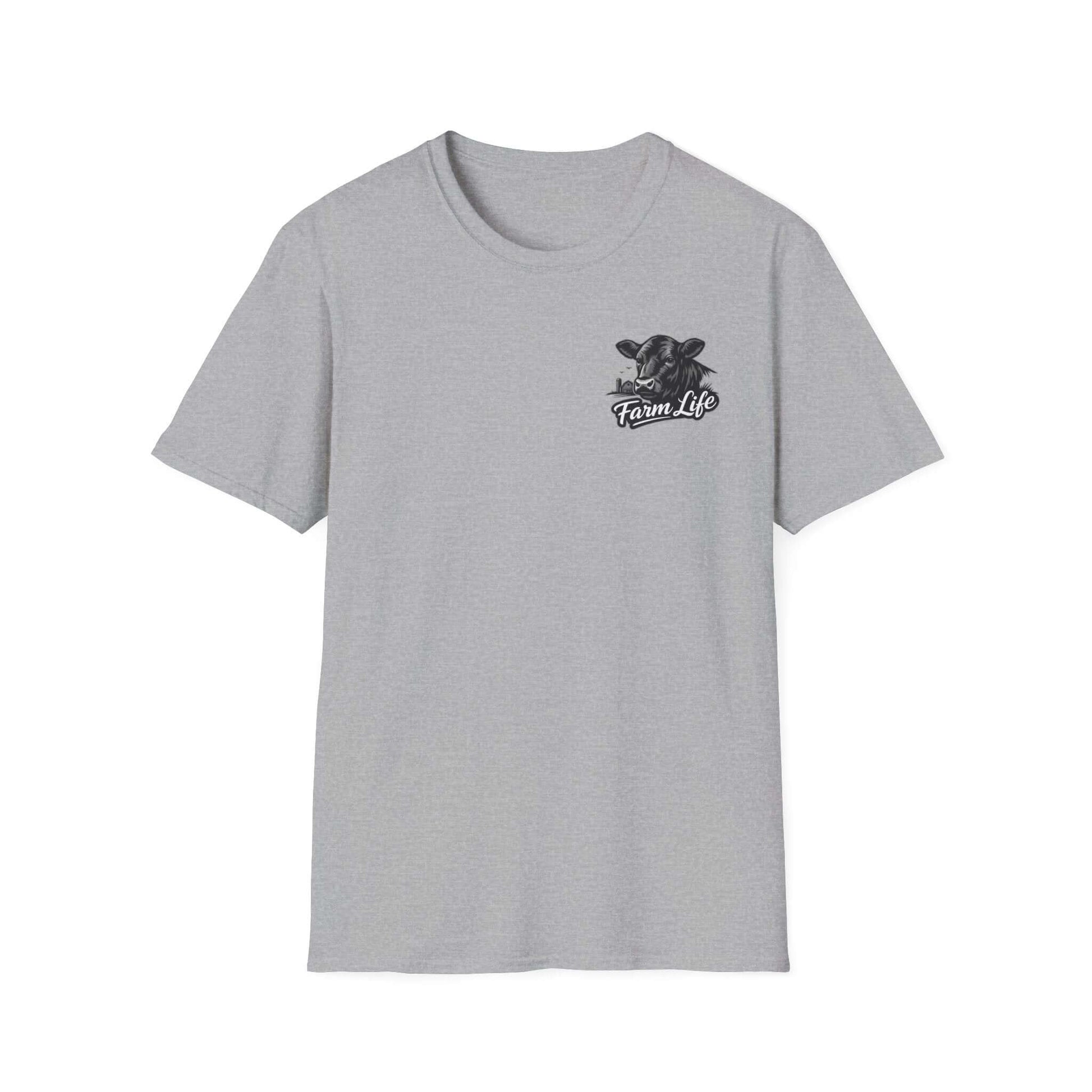 Farm Life T-Shirt in gray with a hand-drawn chest graphic for ranchers and cowboys, perfect for outdoor wear.
