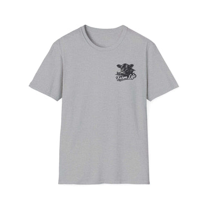 Farm Life T-Shirt in gray with a hand-drawn chest graphic for ranchers and cowboys, perfect for outdoor wear.