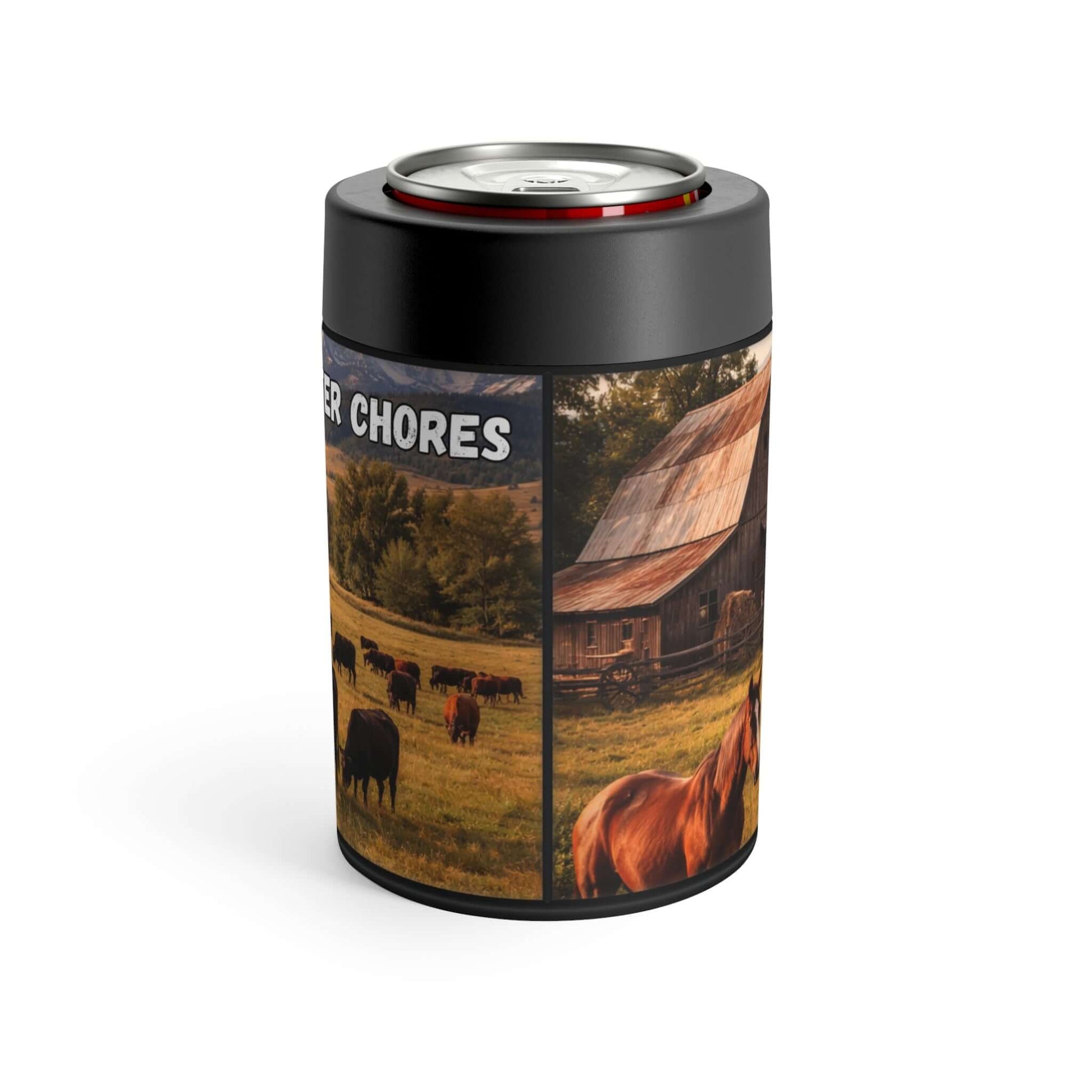 Western Can Holder featuring a scenic ranch design with cows and a rustic barn.