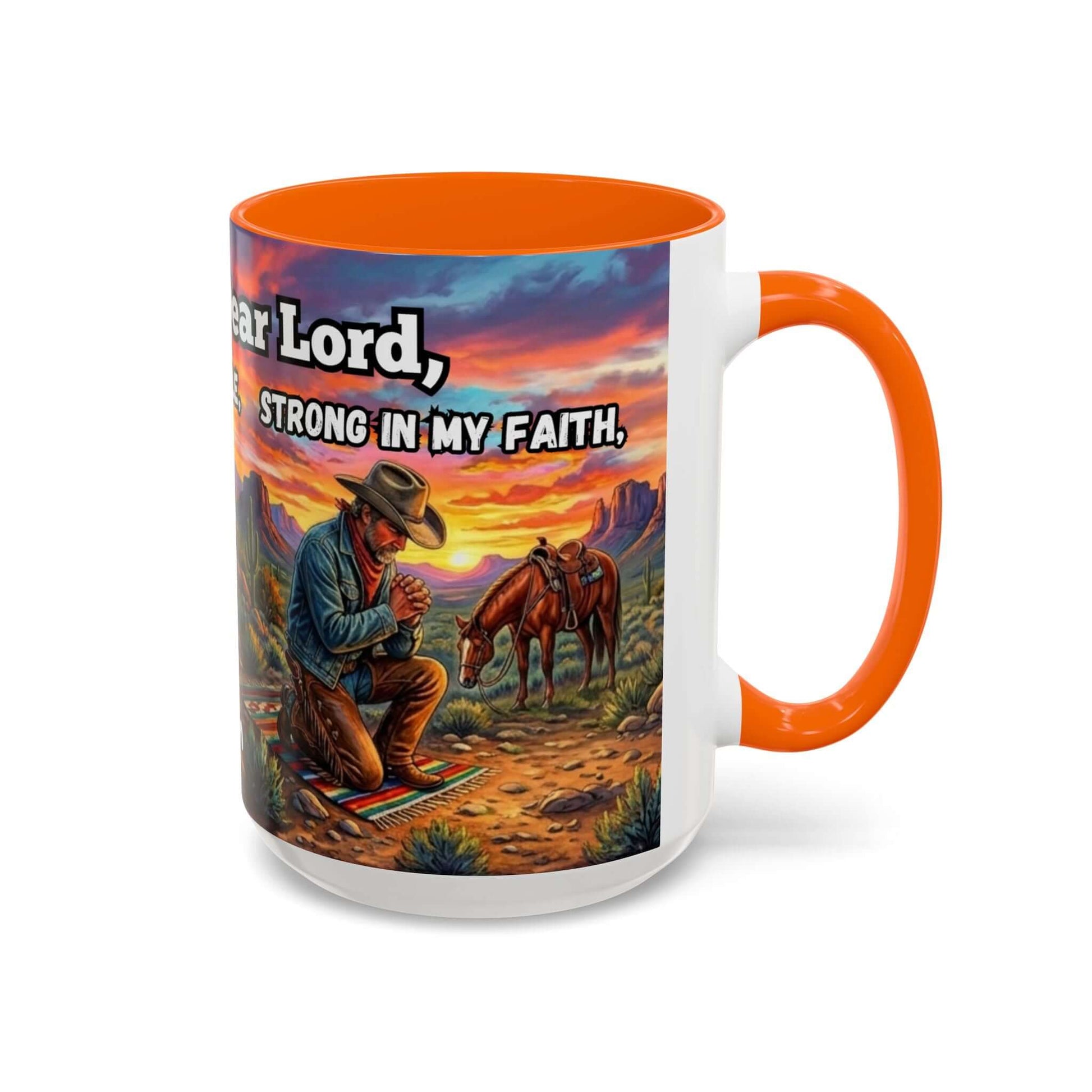 Cowboy Prayer Coffee Mug featuring a cowboy praying in a scenic western landscape with horses.