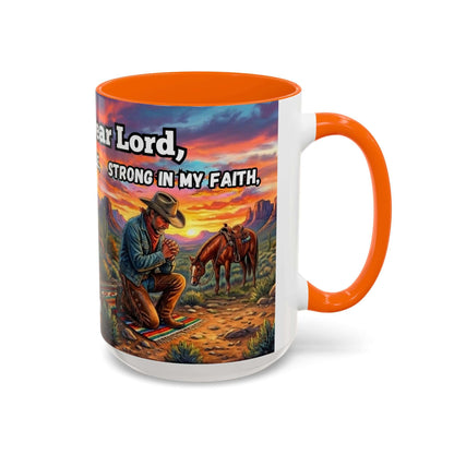 Cowboy Prayer Coffee Mug featuring a cowboy praying in a scenic western landscape with horses.