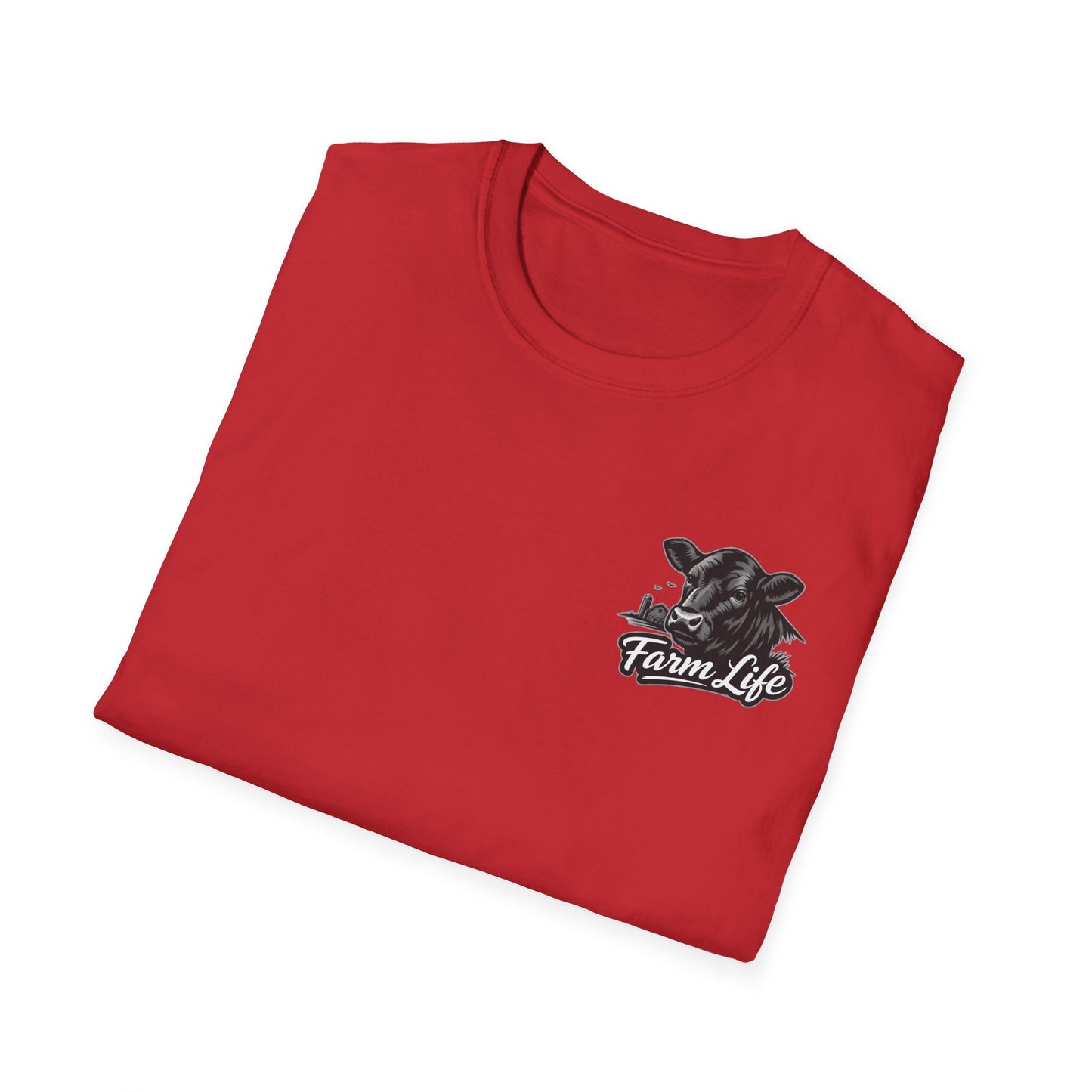 Farm Life T-Shirt in red, featuring a cow graphic and a relaxed fit, perfect for ranchers and outdoor enthusiasts.