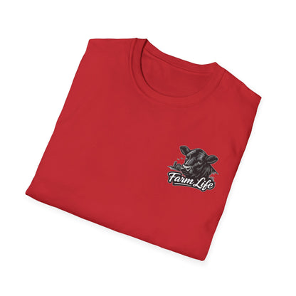 Farm Life T-Shirt in red, featuring a cow graphic and a relaxed fit, perfect for ranchers and outdoor enthusiasts.