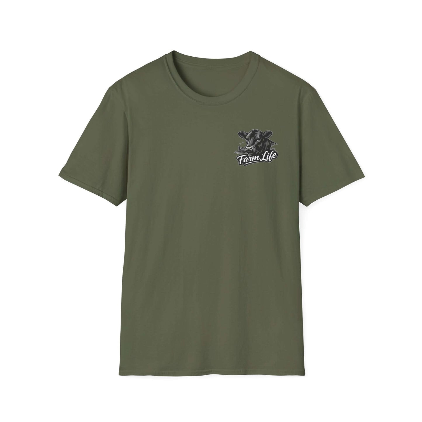 Farm Life T-Shirt in olive green with hand-drawn graphic for ranchers and cowboys.